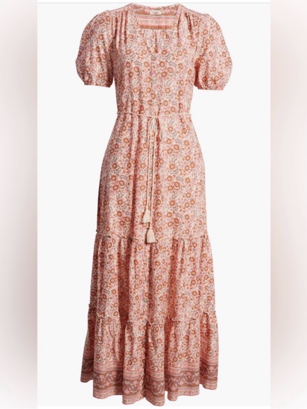 Faherty Peach Floral Puff-Sleeve Maxi Dress | M